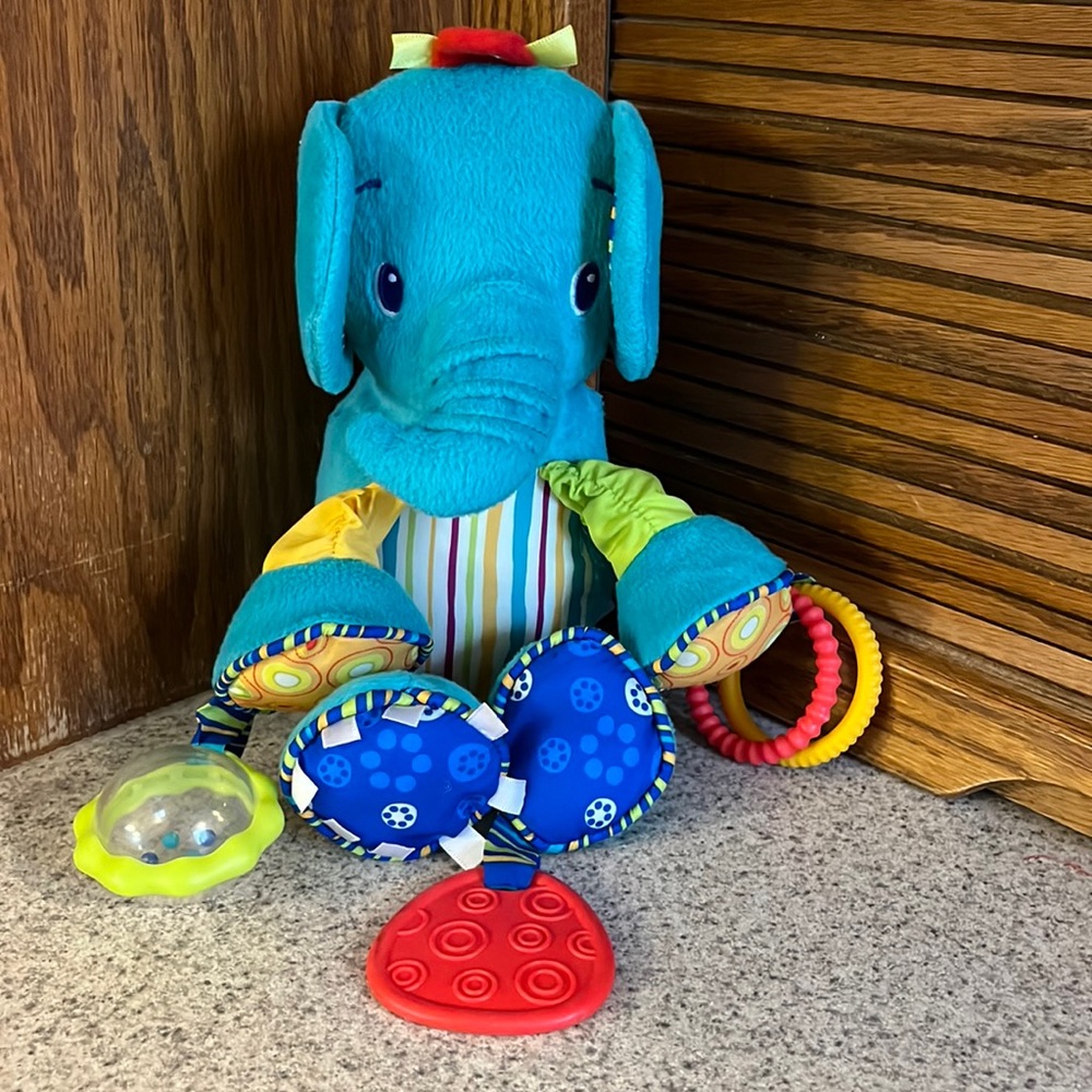 Bright Starts Plush Blue Elephant with Attached Toys Crinkles Rattles